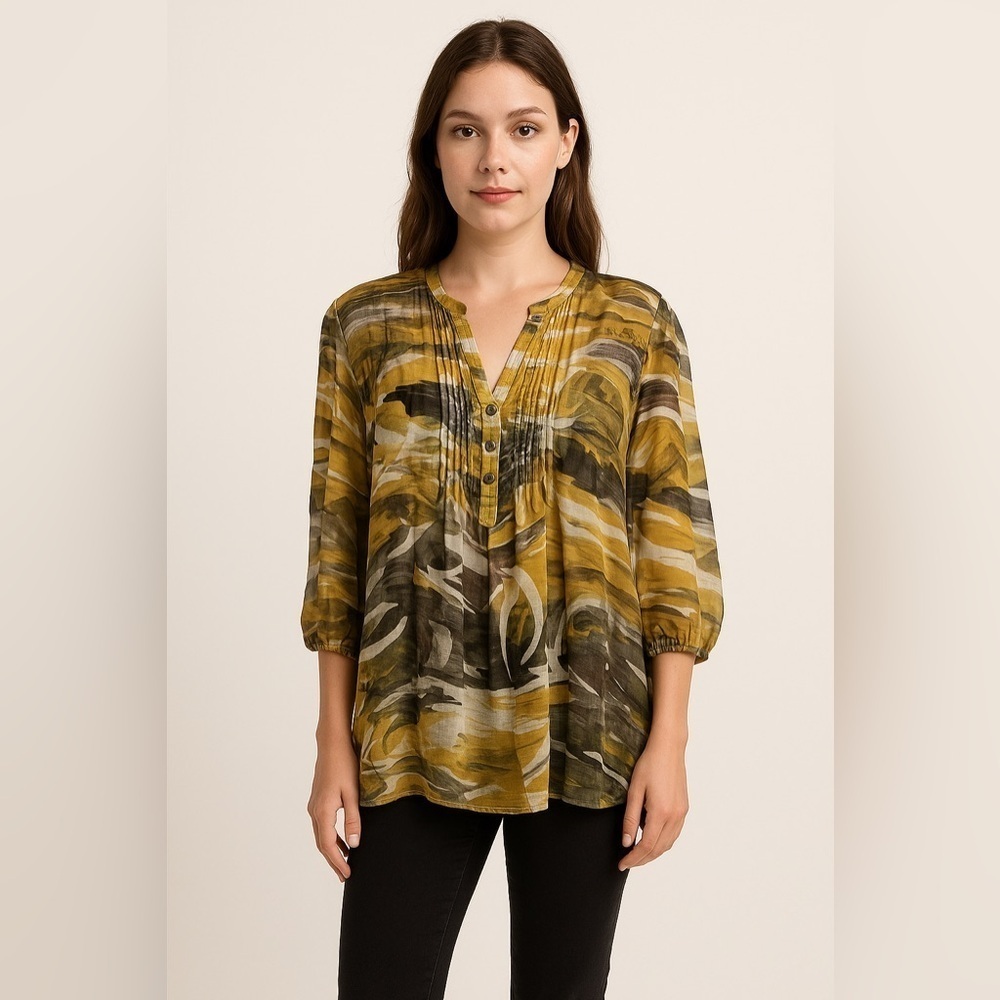 Nicole Miller Women’s XL Pintuck Watercolor Tunic Blouse Sheer Boho Lagenlook